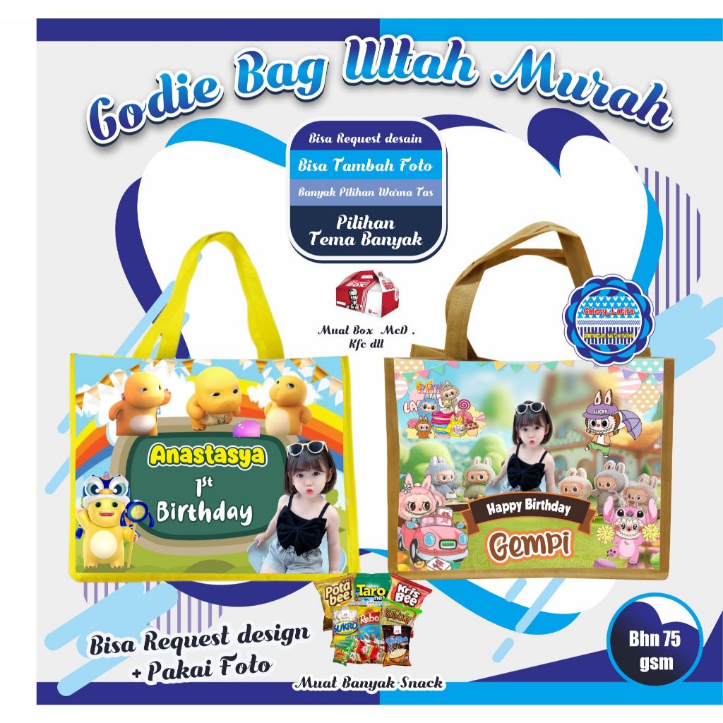 

GOODIE BAG ULANG TAHUN CUSTOM /TAS ULTAH MURAH/ TAS ULTAH LUCU BISA REQUEST FOTO DAN DESAIN SEMUA KARTUN BISA