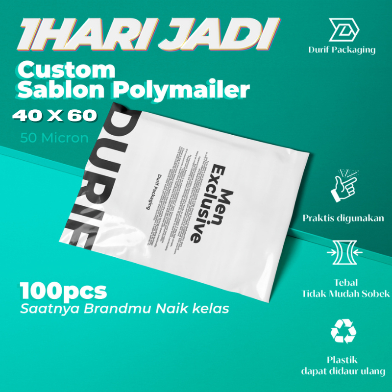 

CUSTOM SABLON Polymailer Putih 40x60 Plastik Packing Premium Glossy Super Tebal 50 micron