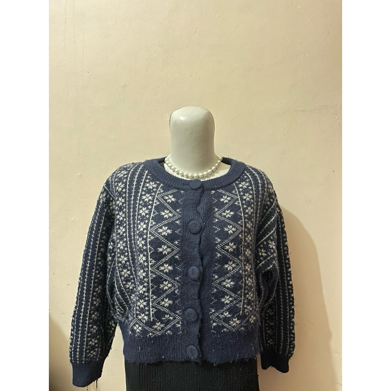 cardigan oneck premium knit fuzzy bahan rajut kapas crop oversize lengan balon (preloved)