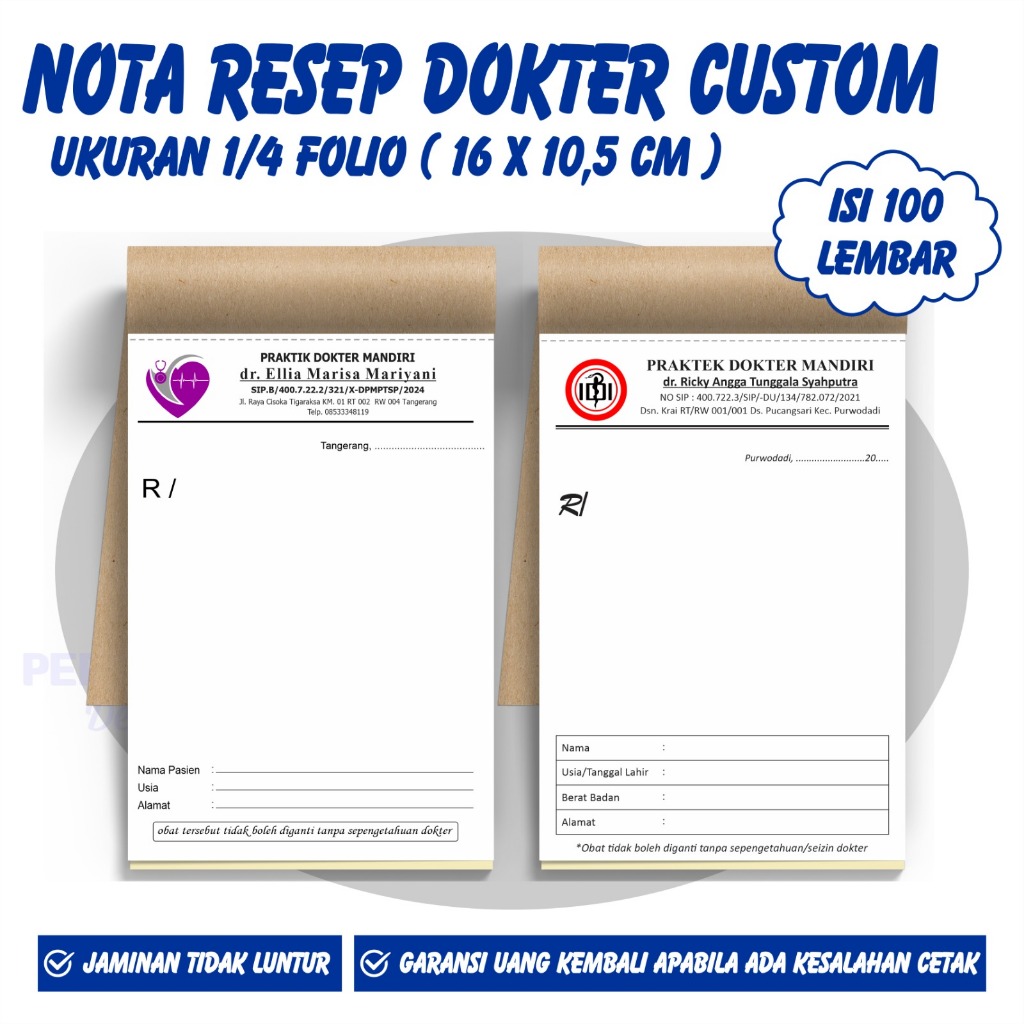 

Cetak resep dr custom ukuran 1/4 folio (10,5 x 16 cm )