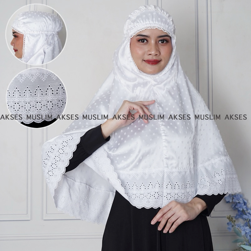 Kerudung Wanita Bergo Ihrom Putih Wanita Bahan ArmaniSilk Kombinasi Renda Kerancang Kualitas Premium