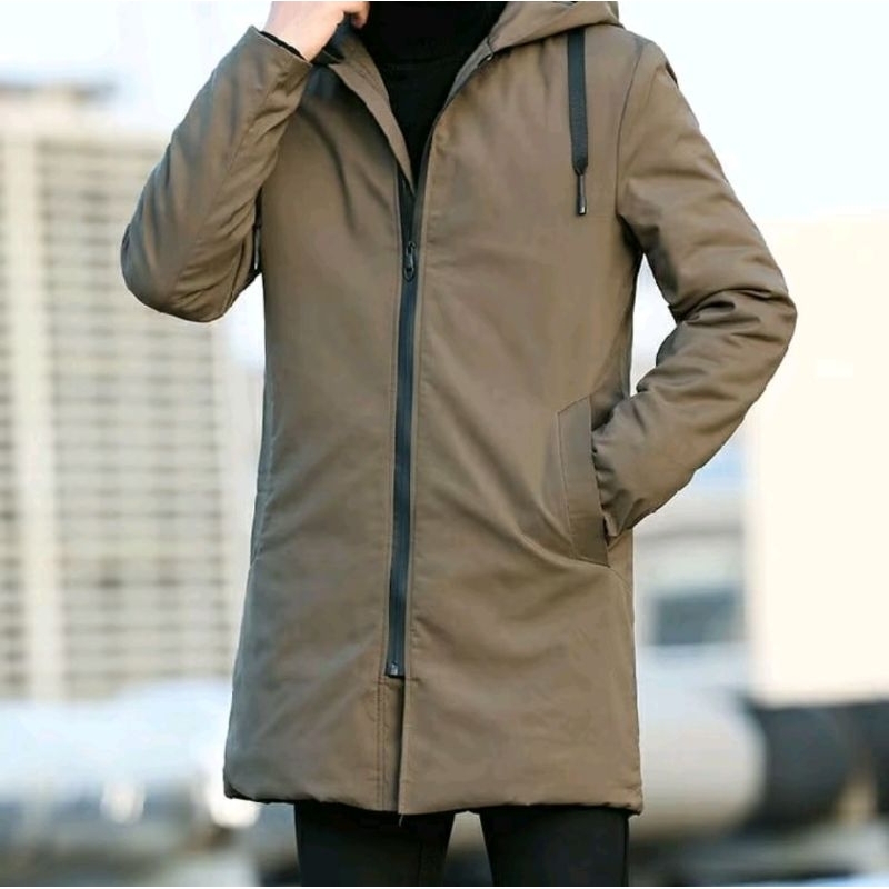 Jaket jubah panjang musim dingin jaket pria korea Blazer Casual Semi Hitam Parasut Kerah Parka Tebal