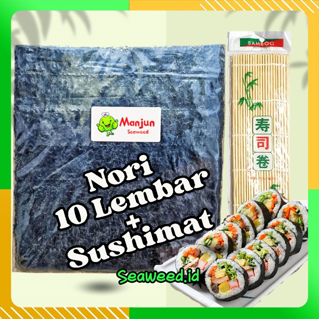 

PAKET NORI 10 LEMBAR + SUSHIMAT MANJUN Rumput Laut Seaweed Sushi Nori Halal MUI Kimbap Sushi HALAL