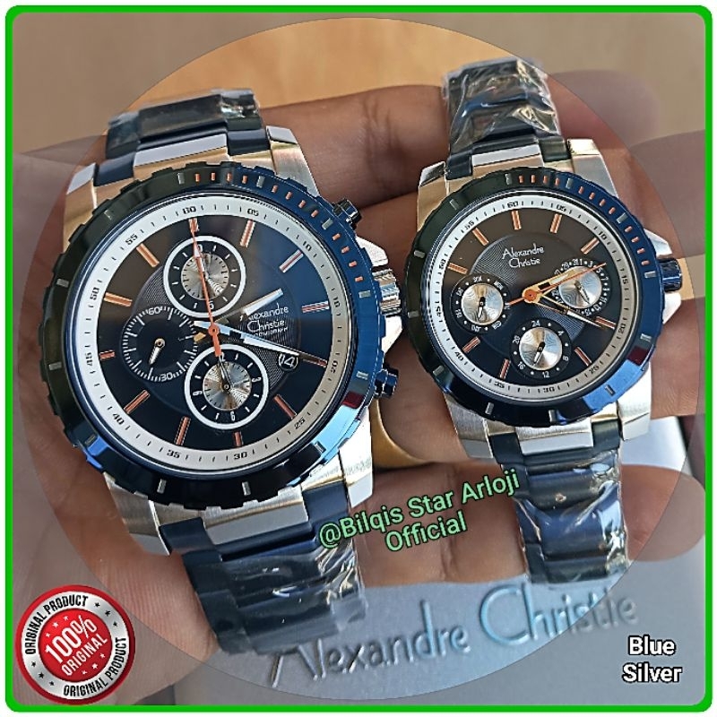 Alexandre Christie Couple Ac 6141 Sepasang Tali Rantai Biru Silver Original