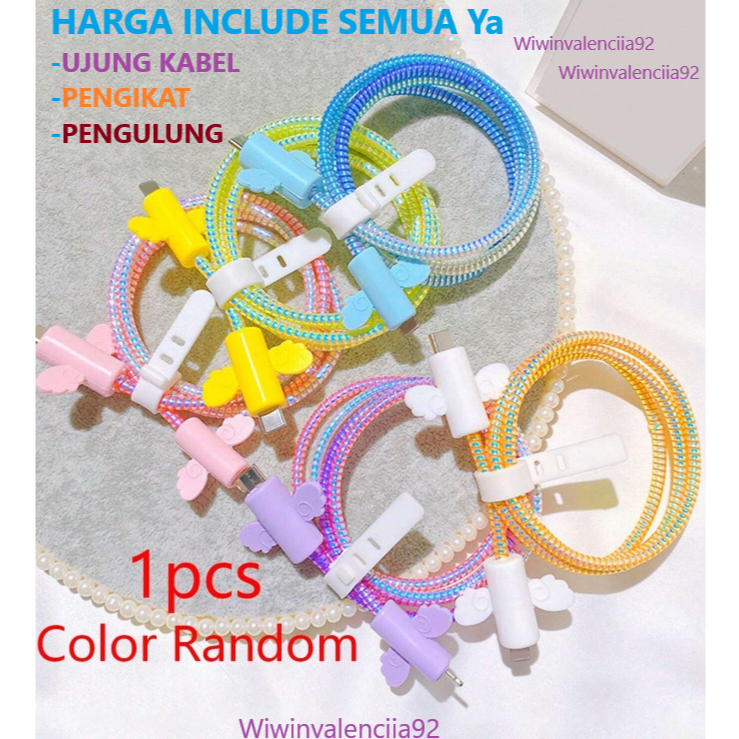 4PCS = [ Kabel Pola Sayap 2 PC SPIRAL 1.5M Pengikat 1 PCS ] Pengulung Tempat Kabel Warna Acak dengan