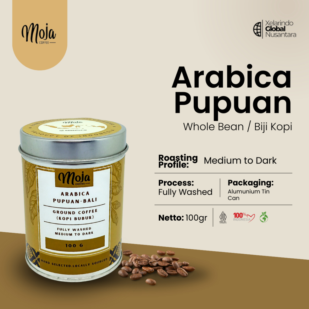 

Moja Coffee Arabica Pupuan Bean/Ground 100g Tin Can - Bubuk/Biji Kopi Bali