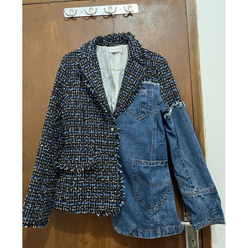 BLAZER TWEED MIX DENIM JEANS TWO TONE