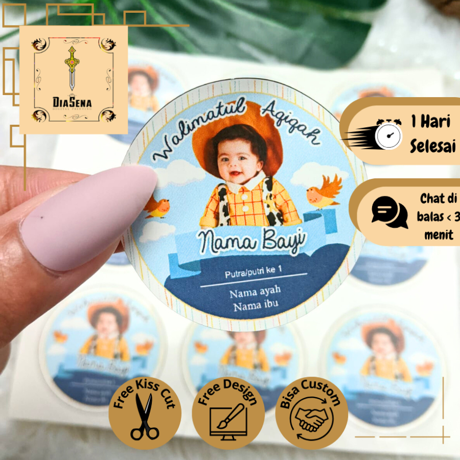 

5-8 Stiker Label Tasyakuran Aqiqah Custom Diasena Sticker Nama Anak Bayi Ucapan Kelahiran Akikah