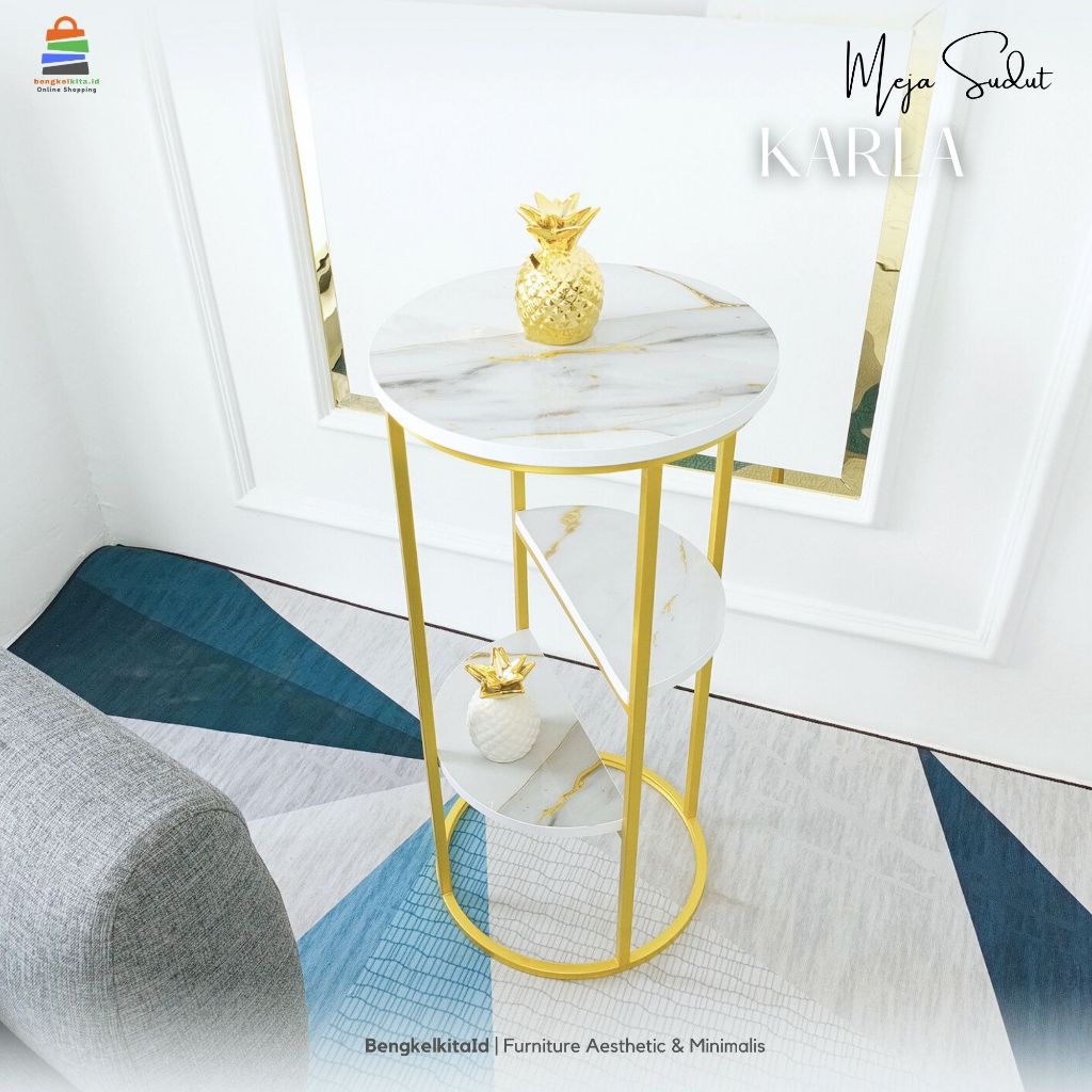 Meja Sudut Aesthetic Meja Samping Sofa - MEJA KARLA - Bulat Tinggi 80cm Besi Holo Marmer