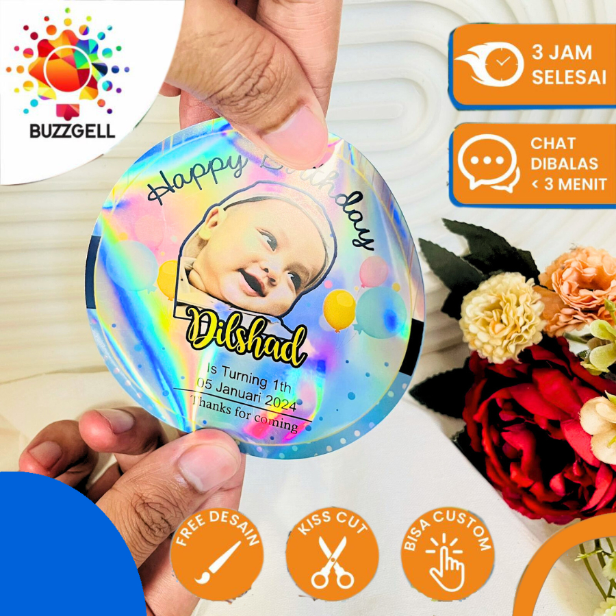 

2-4 Sticker Undangan Ulang Tahun Anak Label Stiker Happy Birthday Buzzgell Bahan Hologram