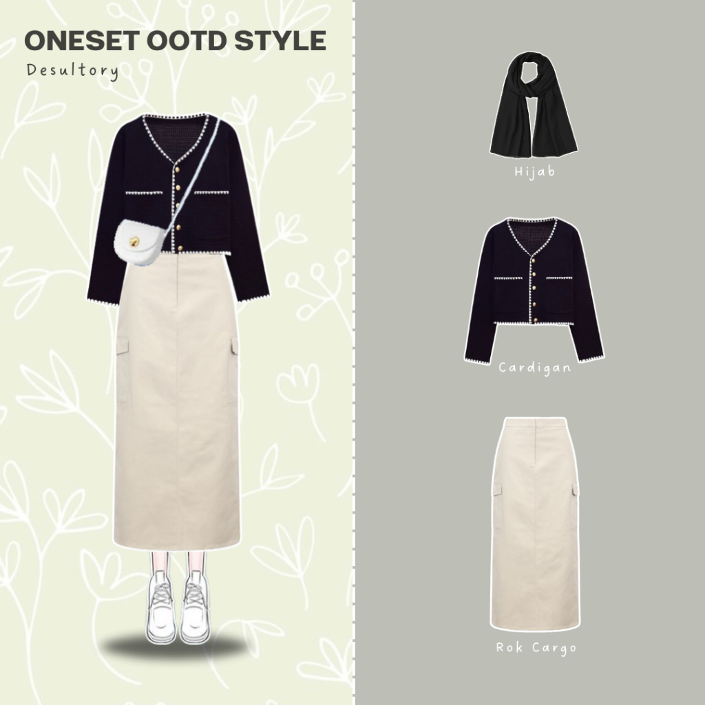 Desultory / Cardigan Rajut / Rok Cargo / Hijab Pashmina / OOTD Korean Style / Setelan Kekinian