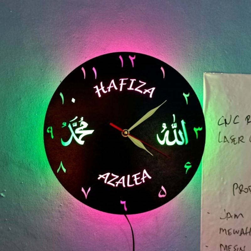 Jam dinding aesthetic unik dengan lampu background 3d warna warni bisa custom desain mesin sweep sil