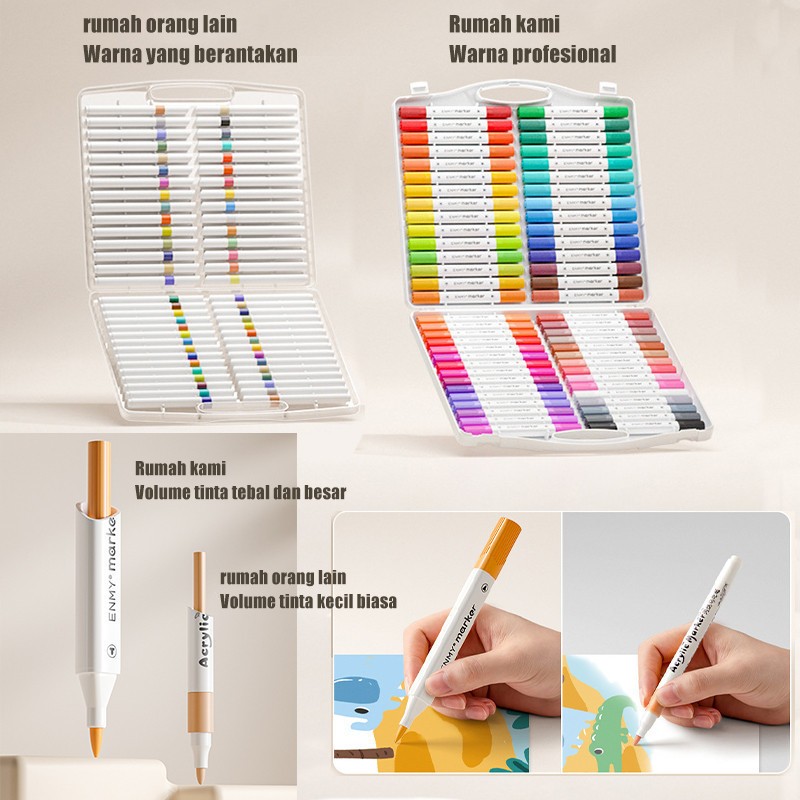 

D3W! SweetieBayiNEWDouble-Headed Marker Akrilik 24/36/48/60 Warna Set Marker Akrilik Pemula Seni