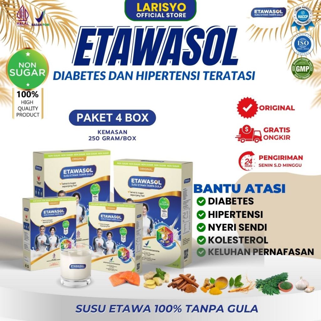 

Susu Kambing Etawa 100% Tanpa Gula Etawasol Untuk Diabetes, Hipertensi, Nyeri Sendi dan Pernafasan 250Gr Paket 4 Box