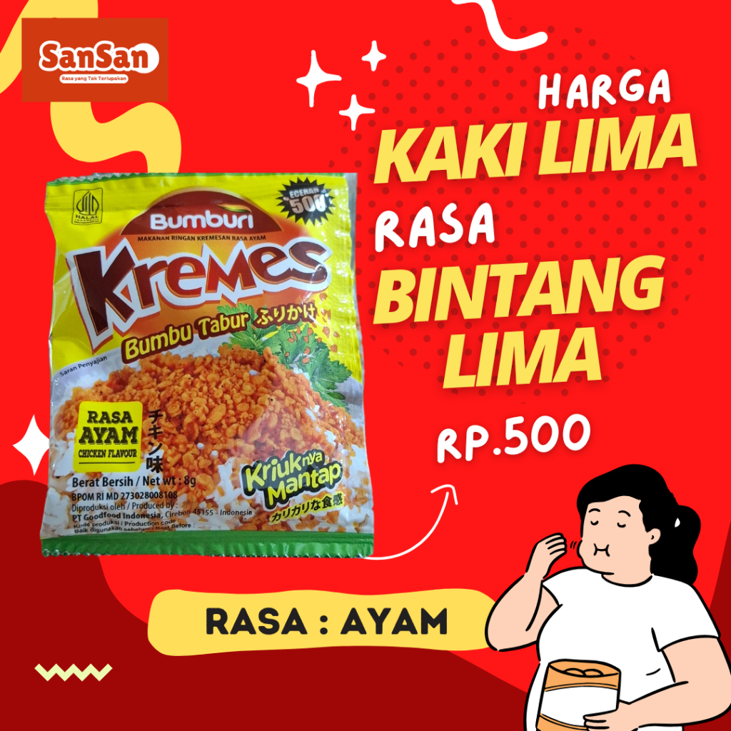 

Bumburi Kremes Kremezan Sachet - 4 Renceng 40 Sachet x 8g (Ayam, Ayam Pedas, Papperoni Pizza, Sapi)