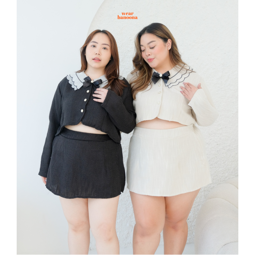 wear.banoona - Celine Skirt Set | Setelan Atasan Outer Lengan Panjang & Rok Mini Tweed Korea Big Siz