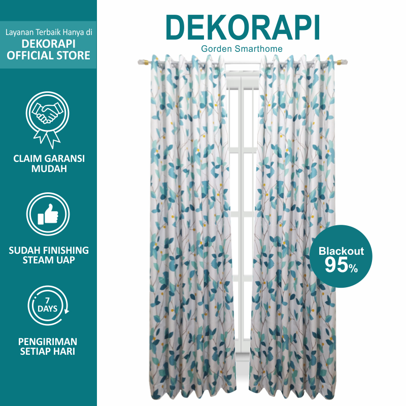 Gorden Blackout Import Premium Motif kangkung Hijau Biru / Tirai jendela minimalis