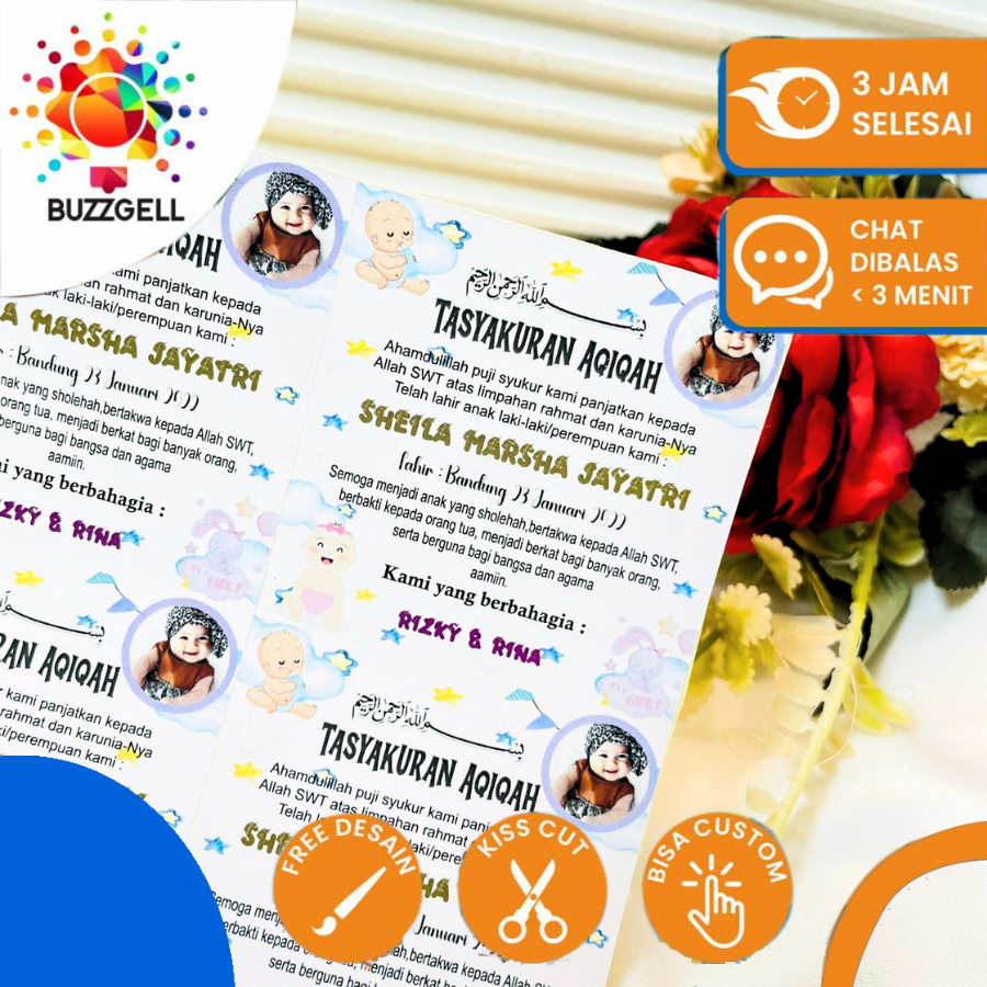 

5-8 Buzzgell Sticker Tasyakuran Aqiqah Anak Bayi Bentuk Kotak Stiker Syukuran Iqqah Ikkah Uk.Sedang
