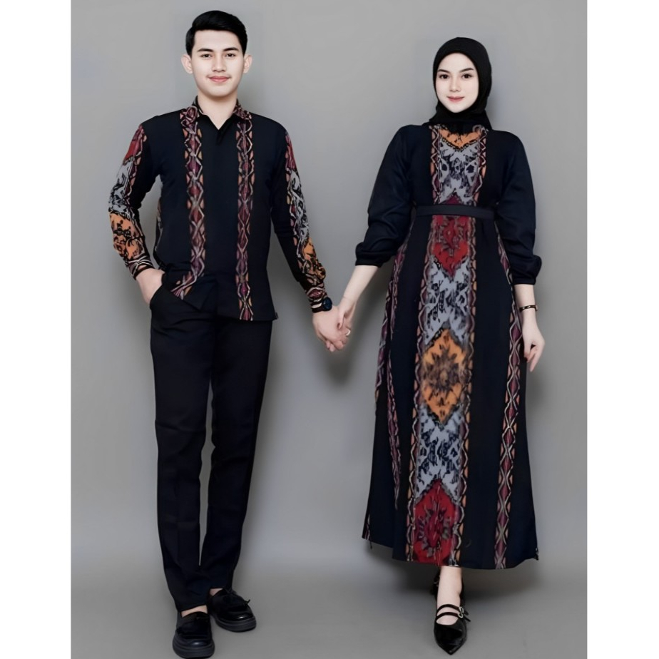 Baju couple tenun - set couple lebaran belvia hitam maroon batik tenun couple - gamis couple lebaran