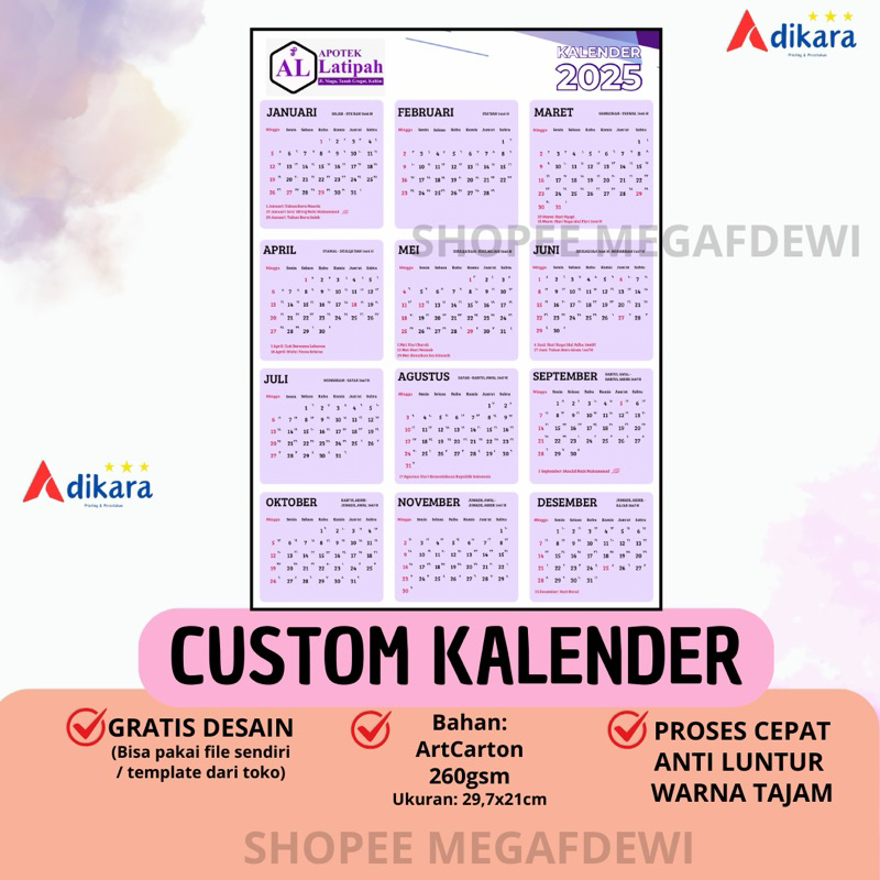 

CUSTOM KALENDER 2025 LEMBARAN A4 | 5LEMBAR KALENDER