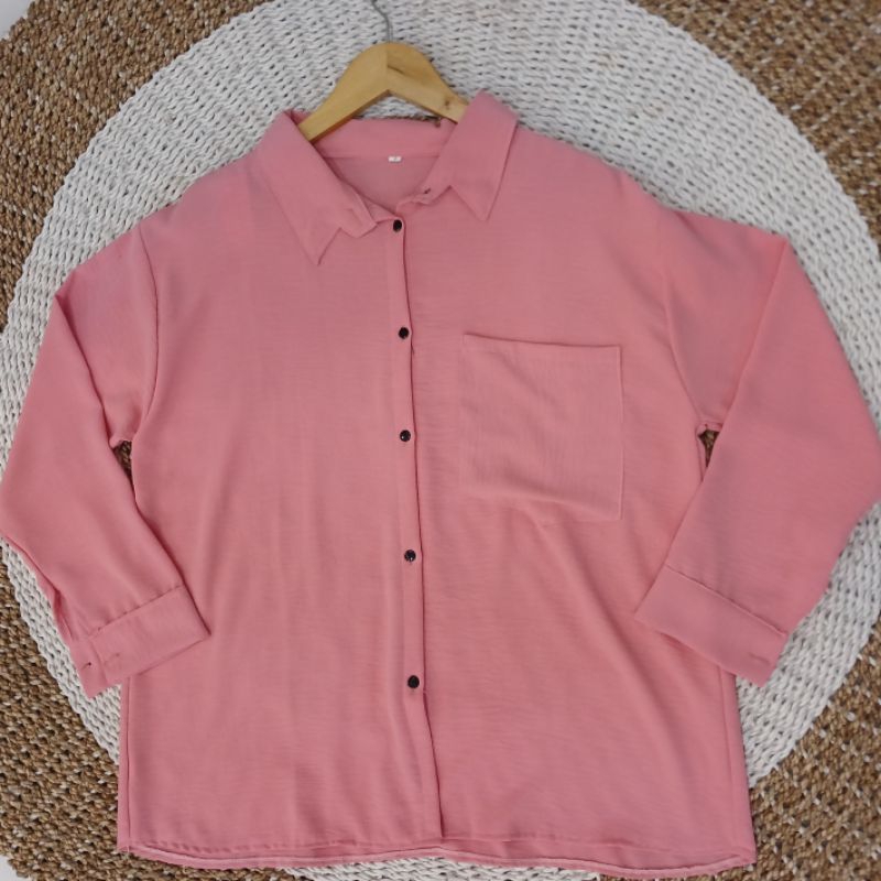 002-blouse crinkle warna pink Wanita Atasan Baju Panjang