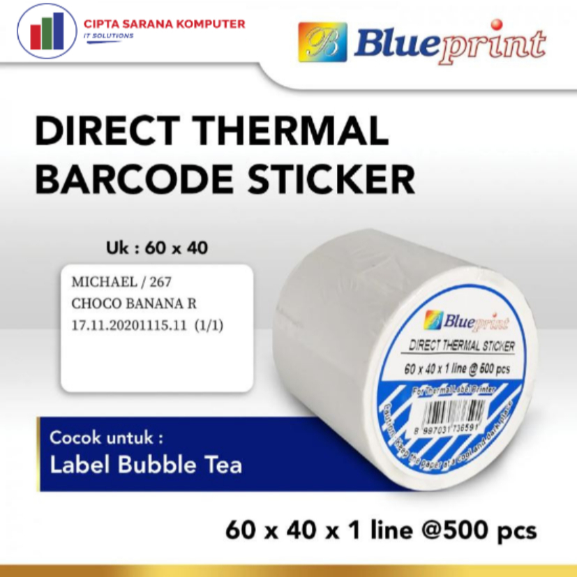 

Direct Thermal Sticker 60 x 40 BLUEPRINT Kertas Label Stiker 60x40 mm 1 Line Isi 500 - 1 Roll
