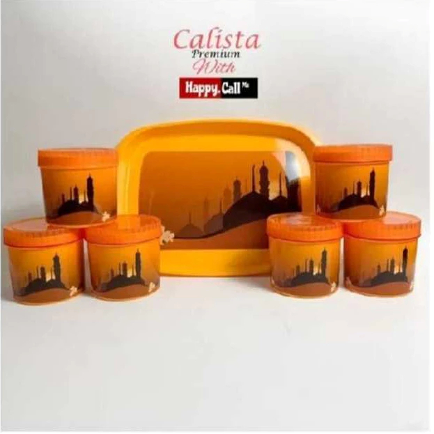 Toples + Nampan Calista Tonam Set 6 Motif Masjid & Bunga / Toples Kue Lebaran 6 Set Dengan Nampan