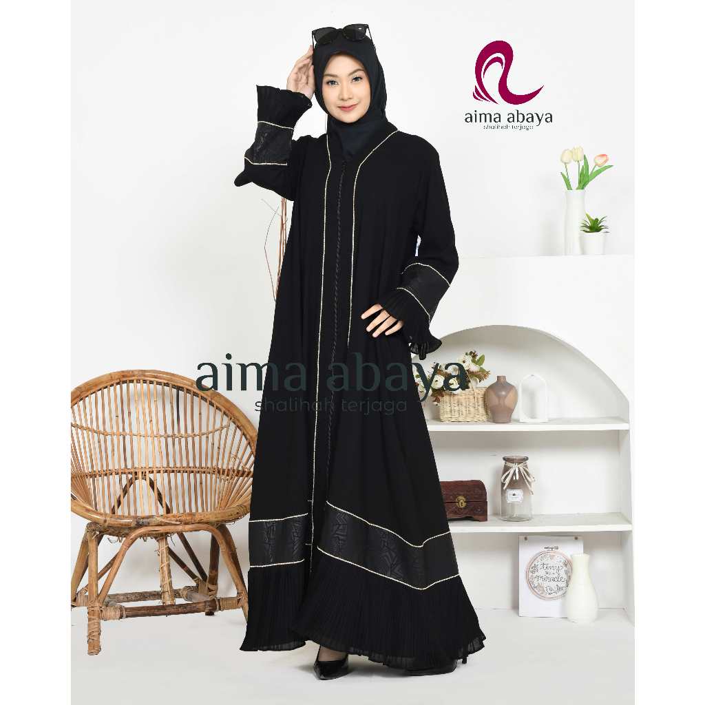 Abaya hitam haura gamis outer kombinasi plisket kristal swarovski turki dubai