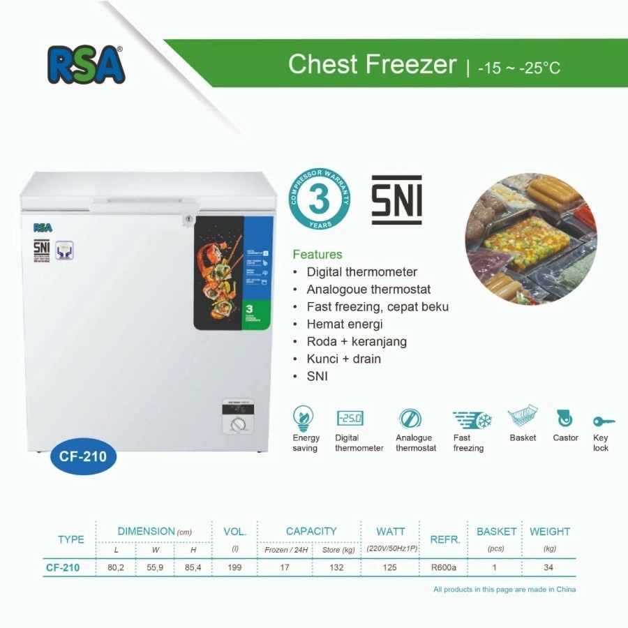 FREEZER RSA CF-210 CHEST FREEZER [ 199 LITER ] FREEZER BOX