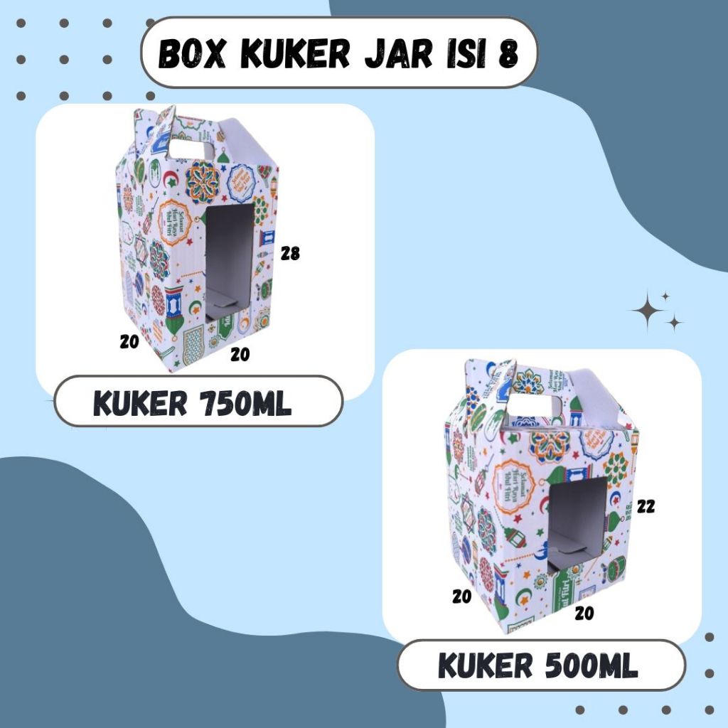 

Box 20x20x28 / 20x20x22 Jinjing KUKER TOPLES JAR 500ml/750ml ISI 8 Kardus Idul Fitri Lebaran Hampers/Ied Mubarak/Box Boneka/Hampers Kue Kering