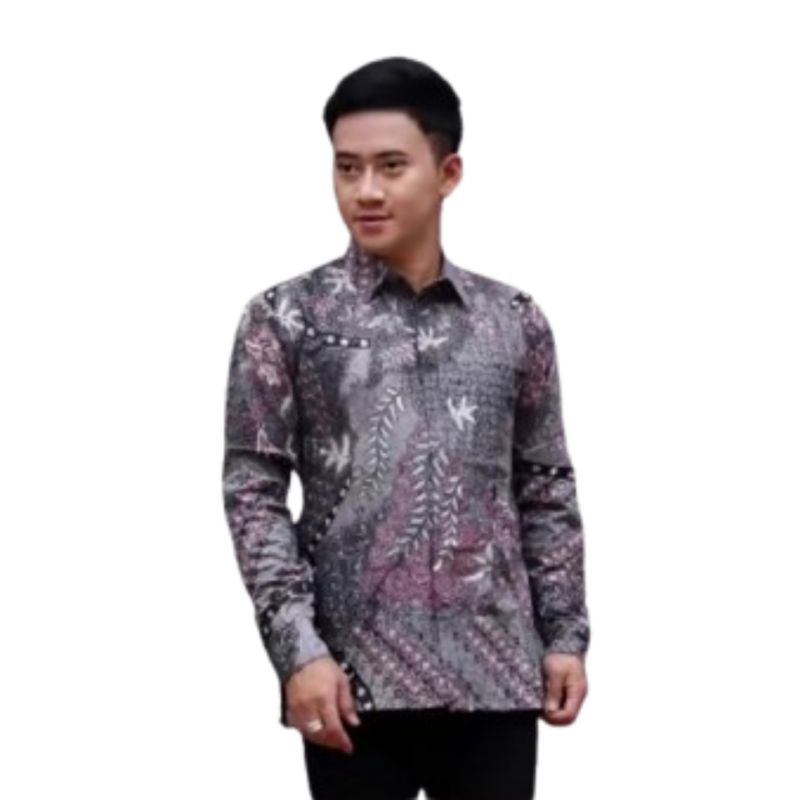 Kemeja Batik Cowok Ranting Ungu Lengan Panjang Distro Slimfit Hitam Dewasa - Casual Kerja Songket Ba