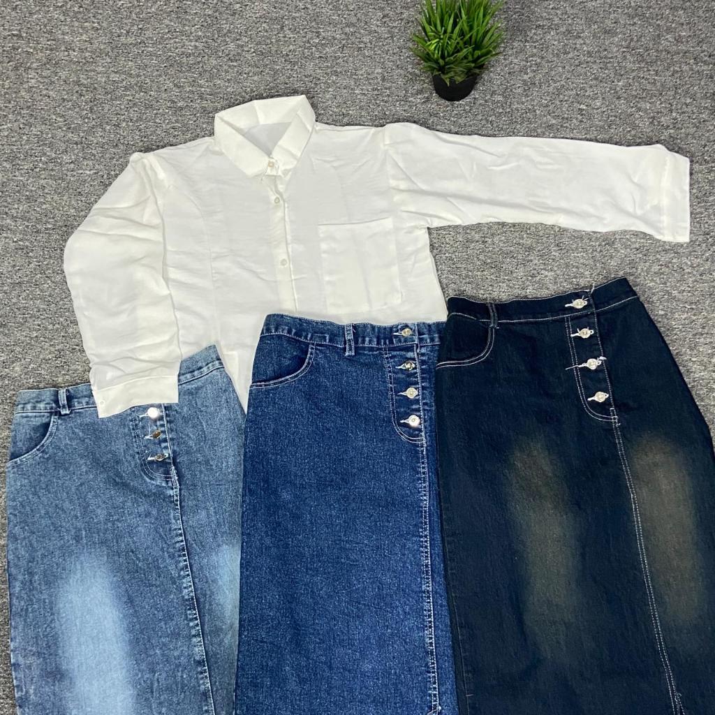 FASHIONLINE | Zamila Set Kemeja Wanita MIx Rok Jeans [Paket Bundling Kamila dan Zaliah]