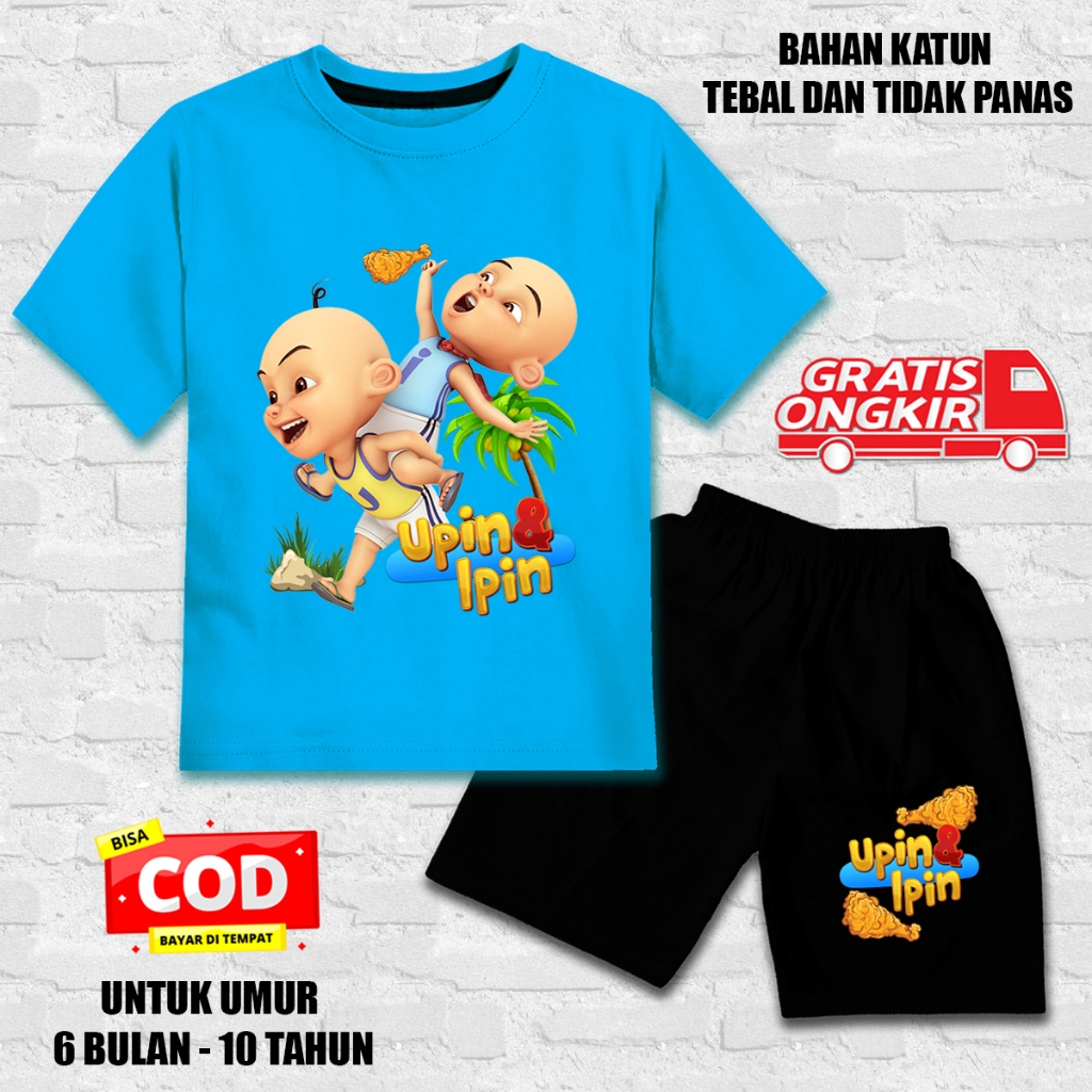 Setelan lengan pendek anak laki laki perempuan set kaos anak katun cln hitam upin ipin ayam goreng