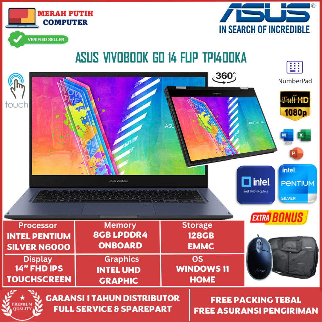 Laptop Flip 2in1 x360 Asus VIvobook Go 14 TP1400KA Intel Pentium Silver N6000 Ram 8GB 256GB Ssd 14In