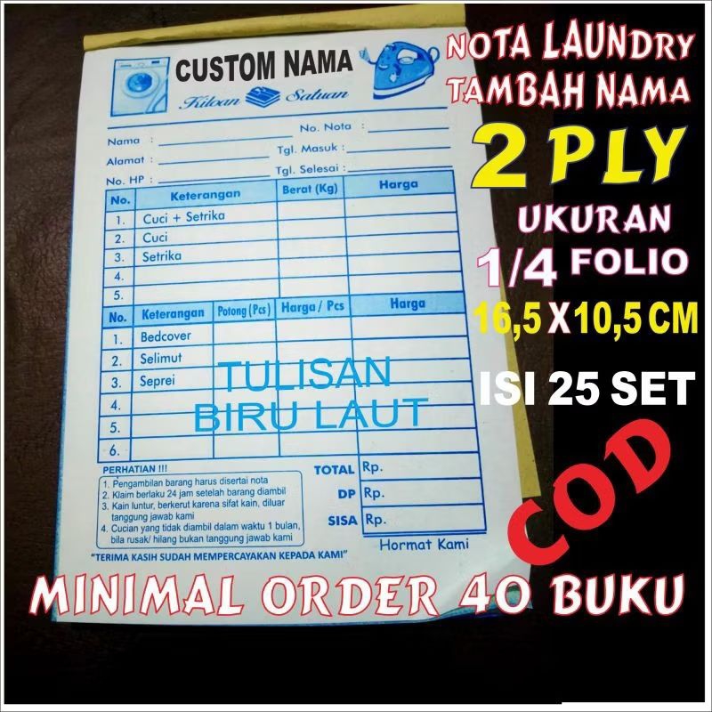 

nota laundry custom nama. 2 ply dan 3 ply ukuran 1/4 folio. isi 25 set