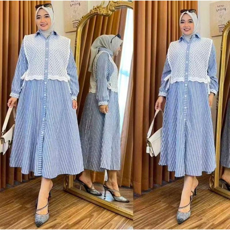 Midi Dress Salur Gamis Wanita Garis-Garis Lengan Panjang