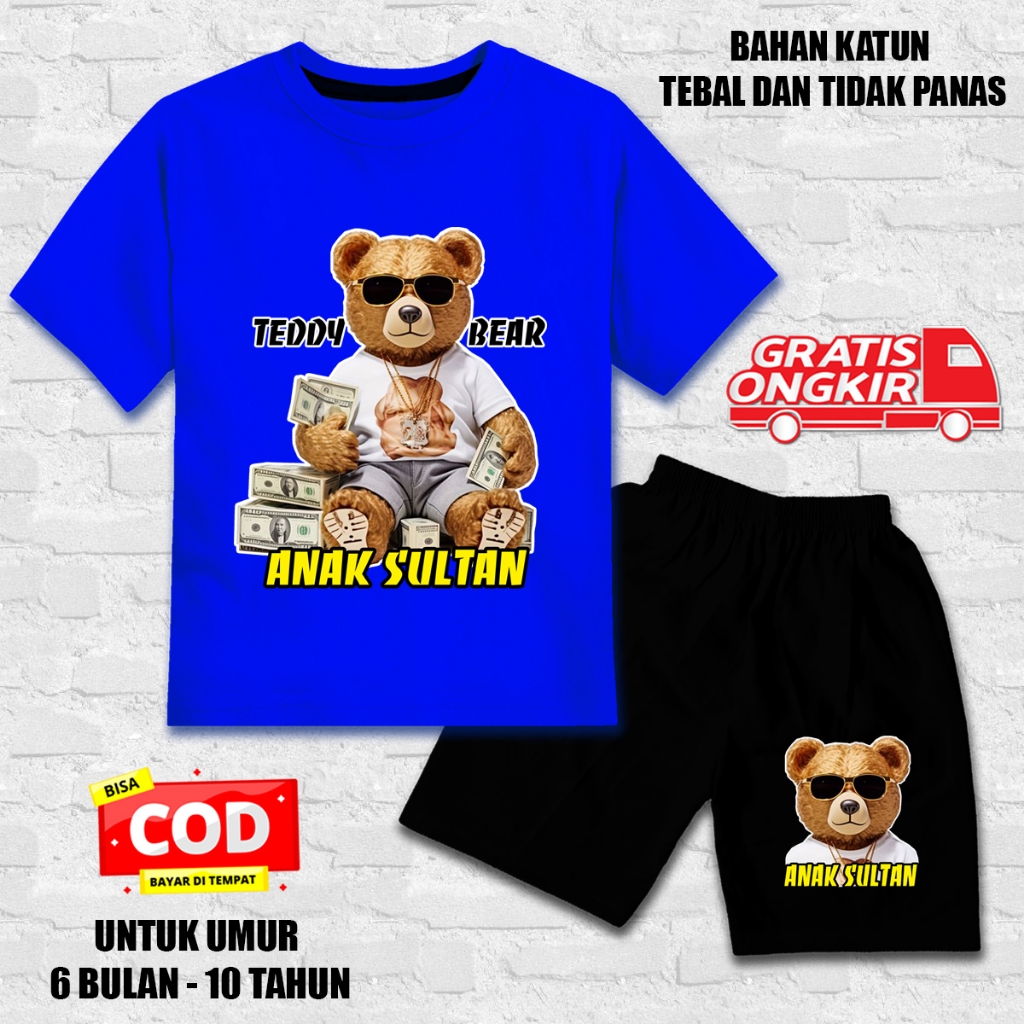 Setelan lengan pendek anak laki laki perempuan set kaos anak katun celana hitam beruang anak sultan
