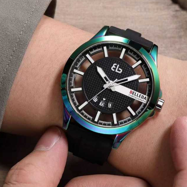 Jam Tangan Pria Belleda 9277 Tanggal Aktif Strap Rubber Anti Air 30 Meter Case Transparant