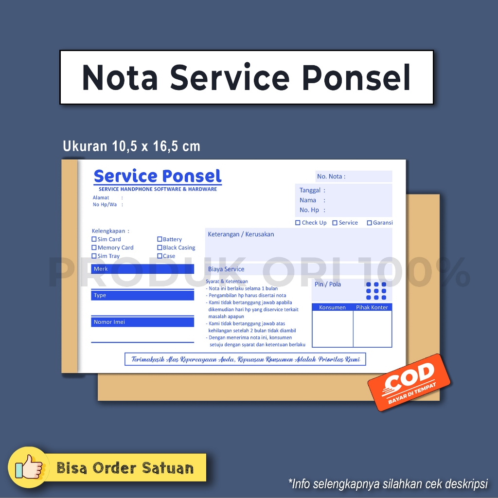 

Nota Service Ponsel CUSTOM FREE DESAIN | nota siap kirim | nota konter HP | Nota Pembayaran ukuran 1/4 Folio