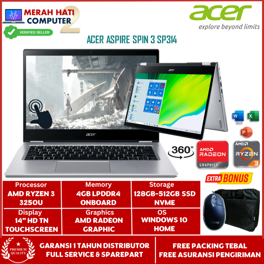Laptop Touchscreen Flip 2in1 Acer Aspire Spin 3 SP314 AMD Ryzen 3250U Ram 4GB 512GB Ssd Radeon Graph