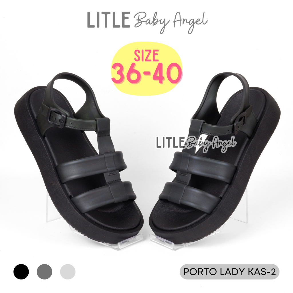 Sandal Slop Wanita Tali Slipper Platform Wedges Karet Ringan Kekinian Empuk  Porto Lady Kas1 Hitam