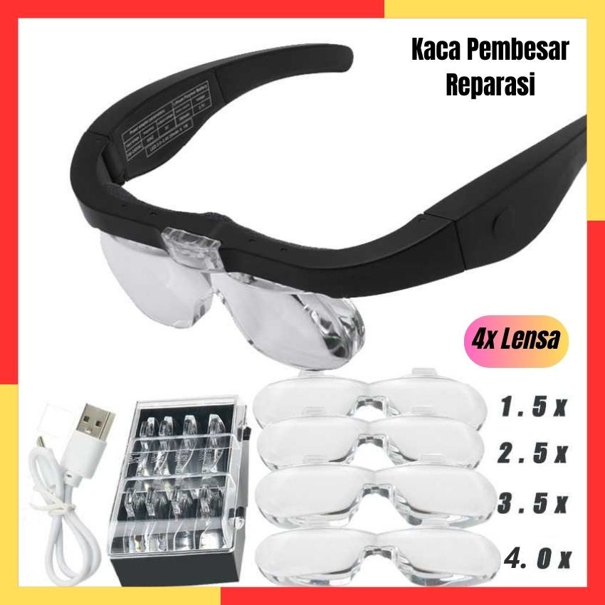 Kaca Pembesar Servis Elektronik Reparasi Jam Lampu LED Baterai Charger USB 4 Lens 5x
