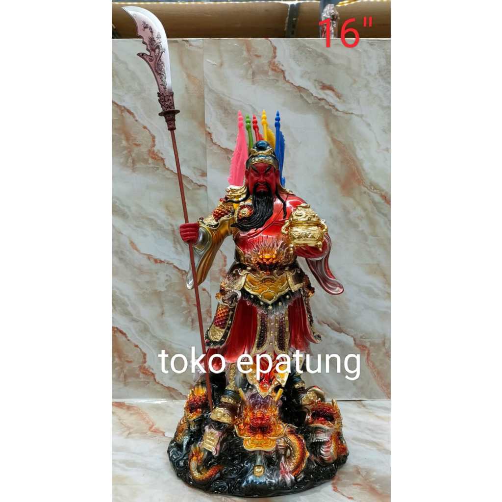 patung dewa kwan kung / kwan kong / kwan te  - 16 inch - fiber- 5 bendera - naga - merah - l24
