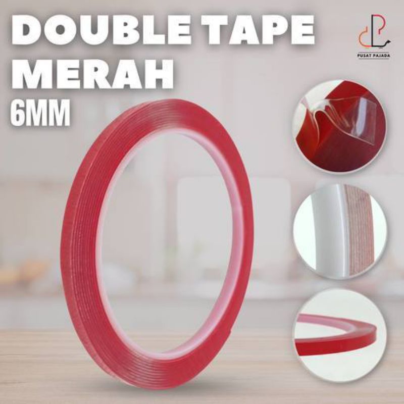 Double Tape Bening Akrilik 6MM 3M Isolasi Solatip Perekat Bolak Balik Merah