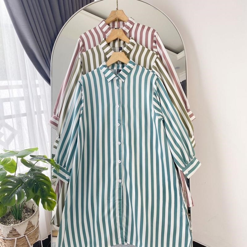 Tunik Kemeja Wanita Formal Salur Rayon Jumbo Terlaris By Azka Collection