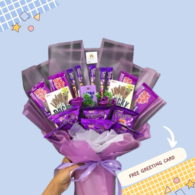 

Bucket Snack / Kado Ulang Tahun Lamaran Wisuda / Hadiah Spesial Murah Premium / Buket Serba Warna Ungu Biru Coklat Hitam Pink
