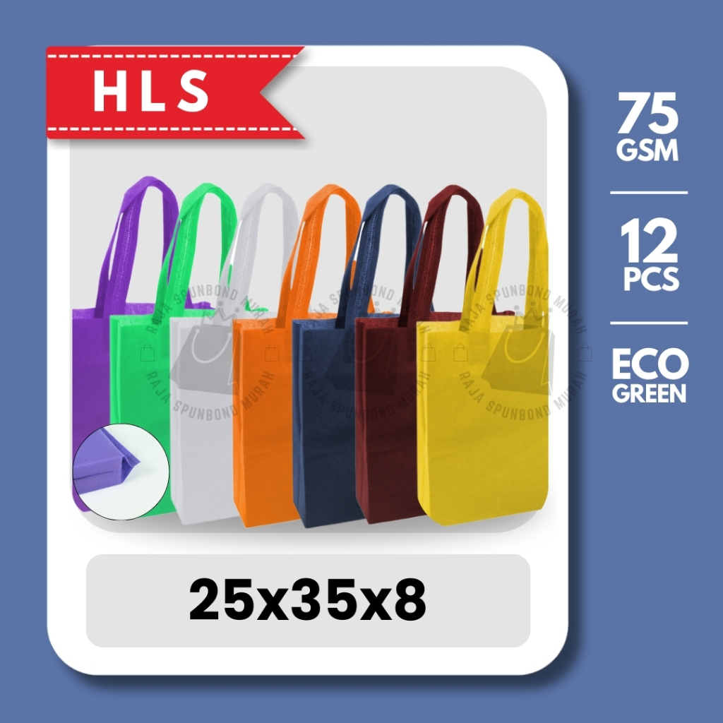 

HLS 75GSM Tas Spunbond Goodybag Laken Model Tali Ukuran 25x35x8 Tebal Polos | Per Lusin ( 12 Pcs )