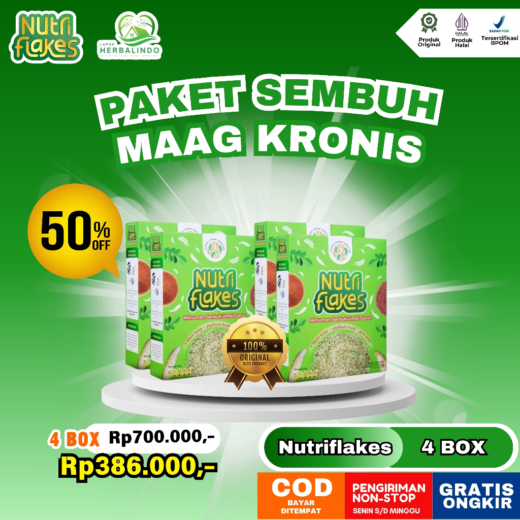 

Paket 4 Box Nutriflakes - Sereal untuk Mengatasi Asam Lambung, Maag dan GERD