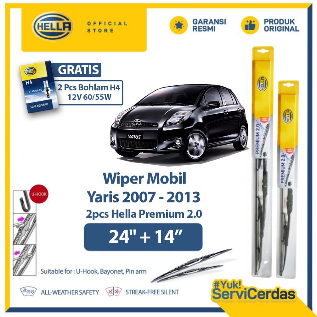 Wiper Mobil HELLA Premium 2.0 TOYOTA Yaris 24” + 14” (2pcs) - Gratis Bohlam Mobil H4 12V 60/55W