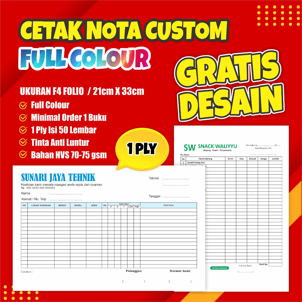 

Cetak Nota Full Colour 1 Ply Ukuran A4/F4, Cetak Nota Custom Nama Toko Sendiri